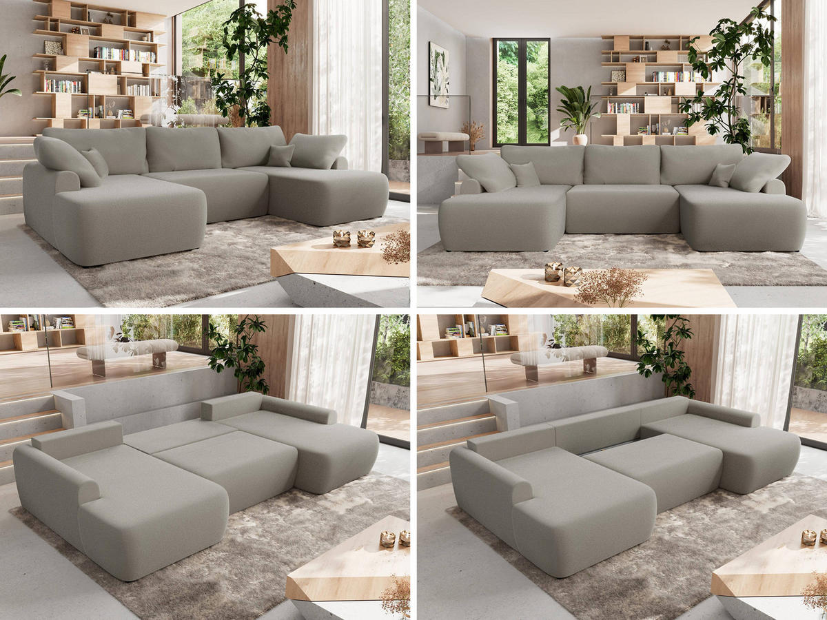 WOHNLANDSCHAFT CUBO U Hellgrau Boucle - Hellgrau/Schwarz, Kunststoff/Textil (370/100/187cm) - MKS