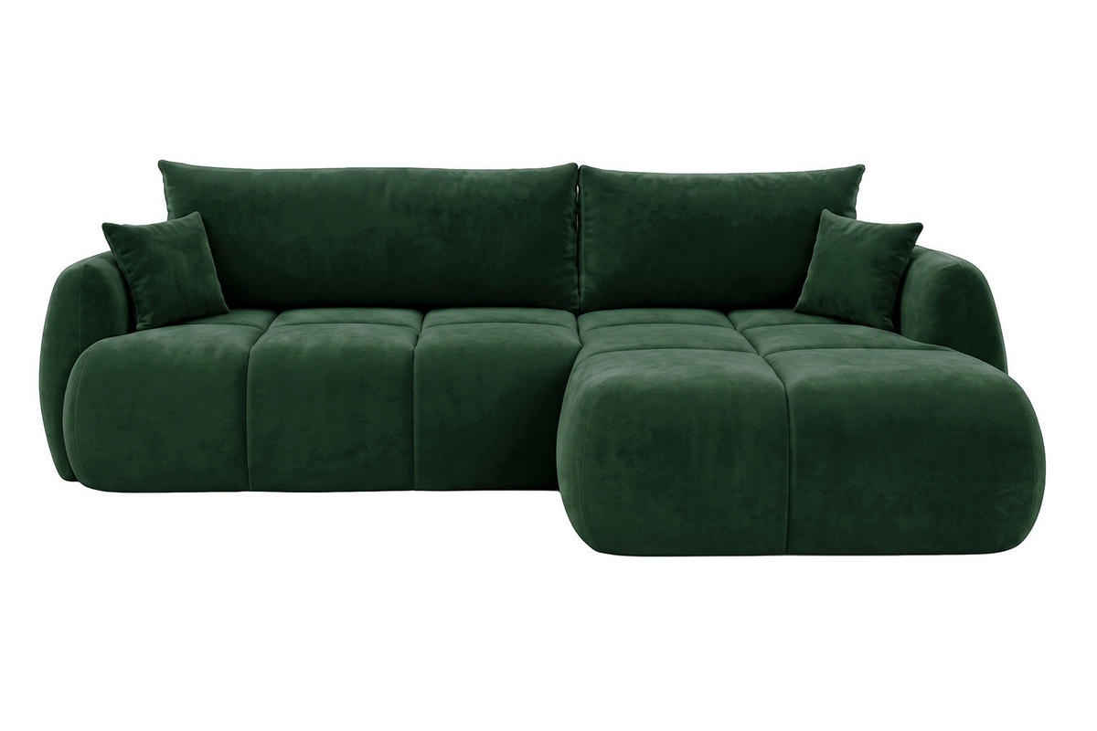 ROHOVÁ SEDAČKA s rozkládací funkcí a úložným prostorem, sametová látka Bluvel, Zelená, Pravá, COCO - zelená barva, dřevo (275/180cm) - Kaiser Möbel