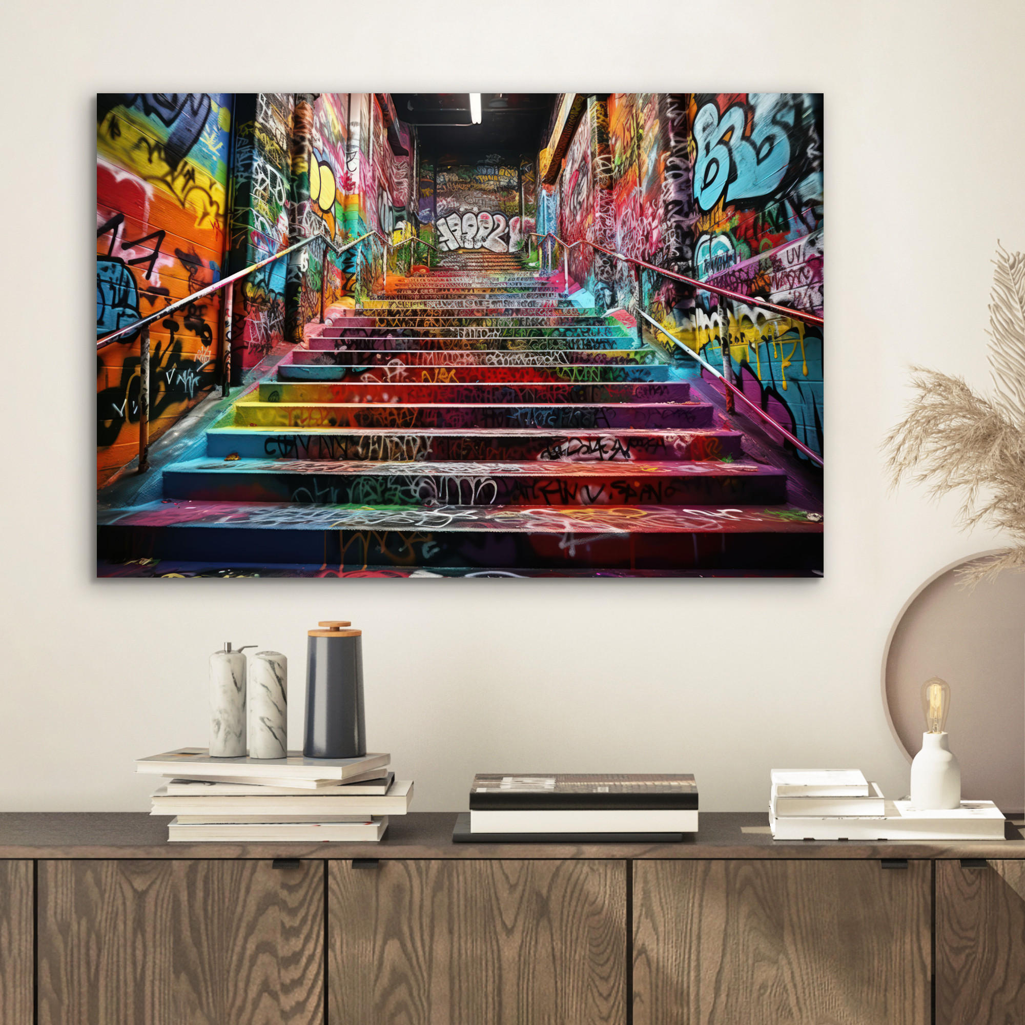 METALLBILD Treppe - Graffiti - Farben - Kunst 60x40 cm - Multicolor, Metall (60/40cm) - MuchoWow