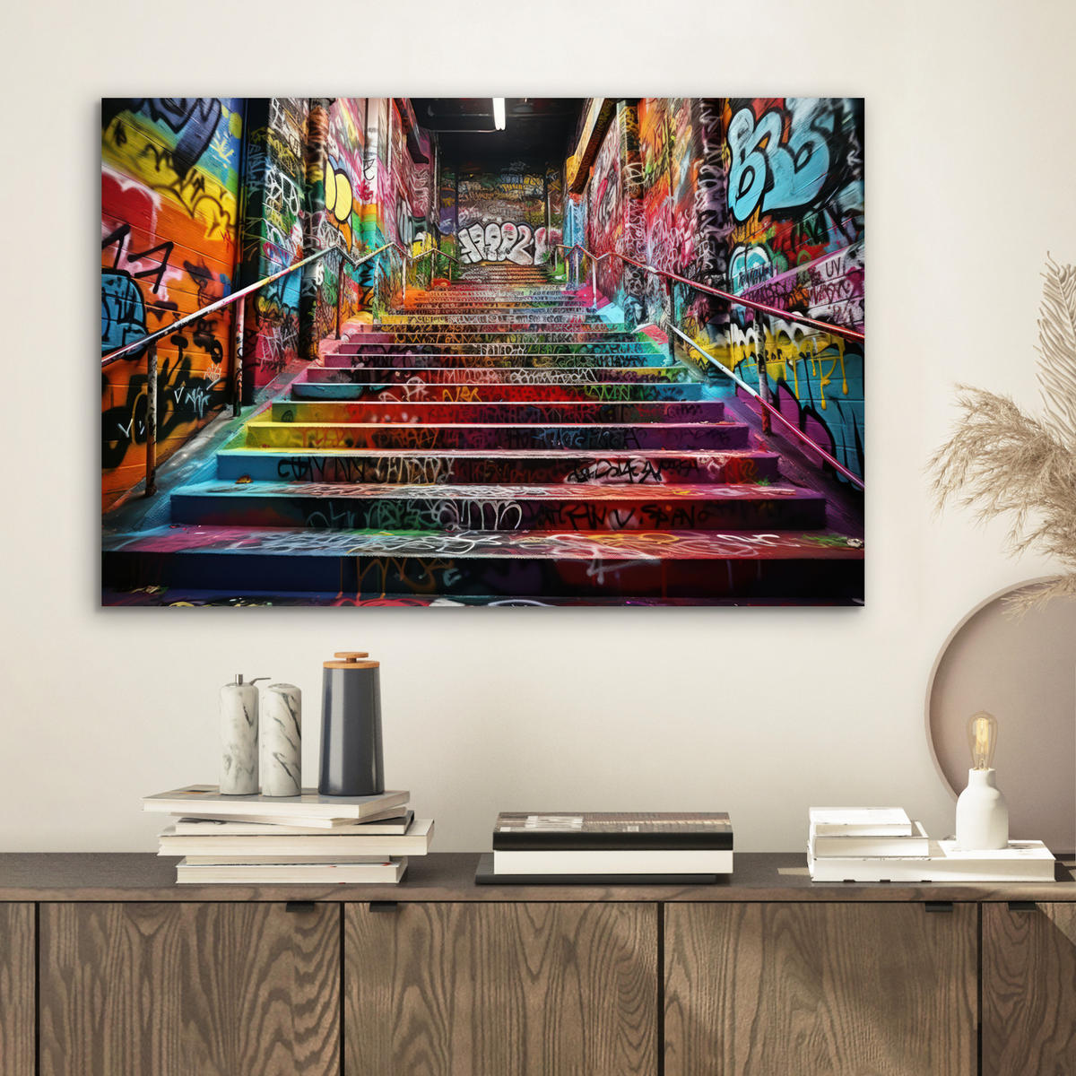 METALLBILD Treppe - Graffiti - Farben - Kunst 60x40 cm - Multicolor, Metall (60/40cm) - MuchoWow
