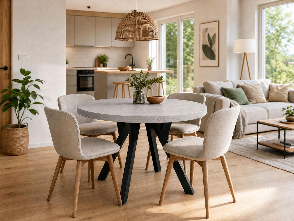 ESSTISCH ausziehbar rund 100-140 cm ATO Beton, Auszugstisch mit Einlegeplatte - Schwarz/Grau, Holzwerkstoff (100/100/77cm) - VENASI MÖBEL