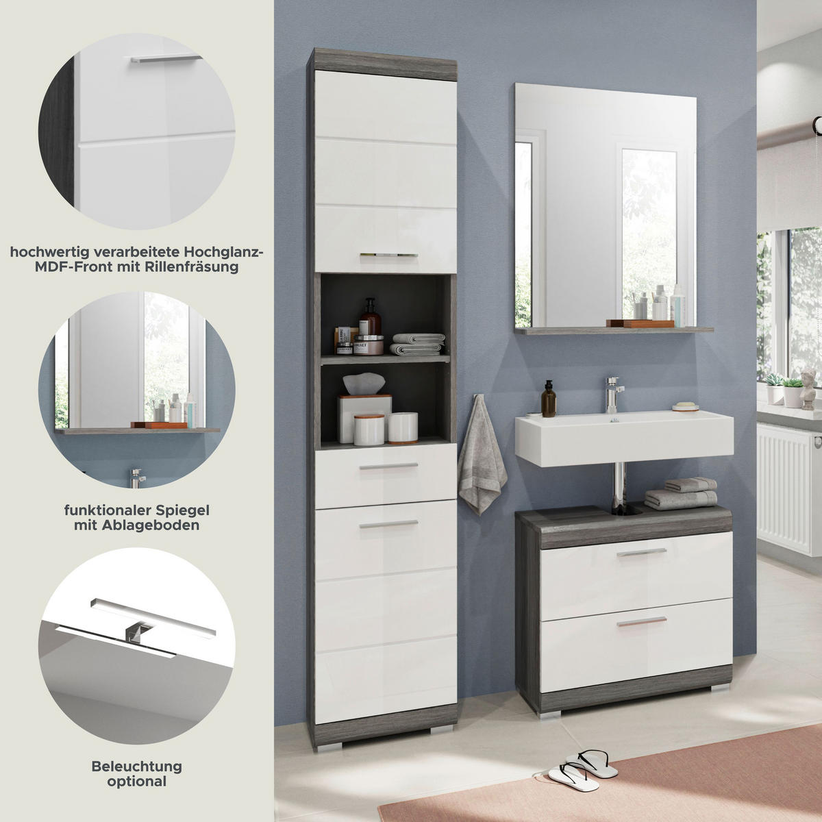 BADKOMBINATION 3tlg. Scout Bad in Rauchsilber Nachbildung und weiß hochglanz B/H/T: 112x191x34 cm - Anthrazit, Holz (112/191/37cm)