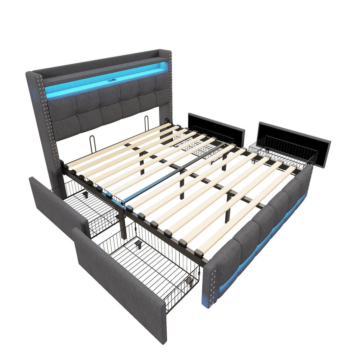 POLSTERBETT 140/200 cm grau mit LED-Beleuchtung und USB-Steckdose - Grau, Textil (140/200cm) - OKWISH