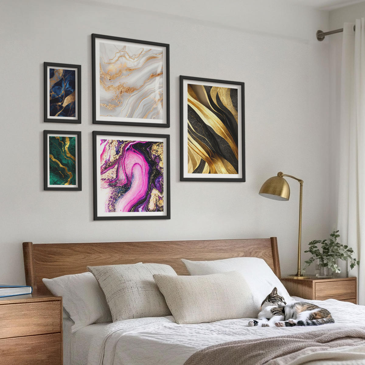BILDER SET 5er Set - 50x50 cm & 20x30 cm & 40x60 cm Schwarzer Rahmen - Abstrakter Marmor mit Farben - Schwarz, Kunststoff (40/60cm) - TULUP