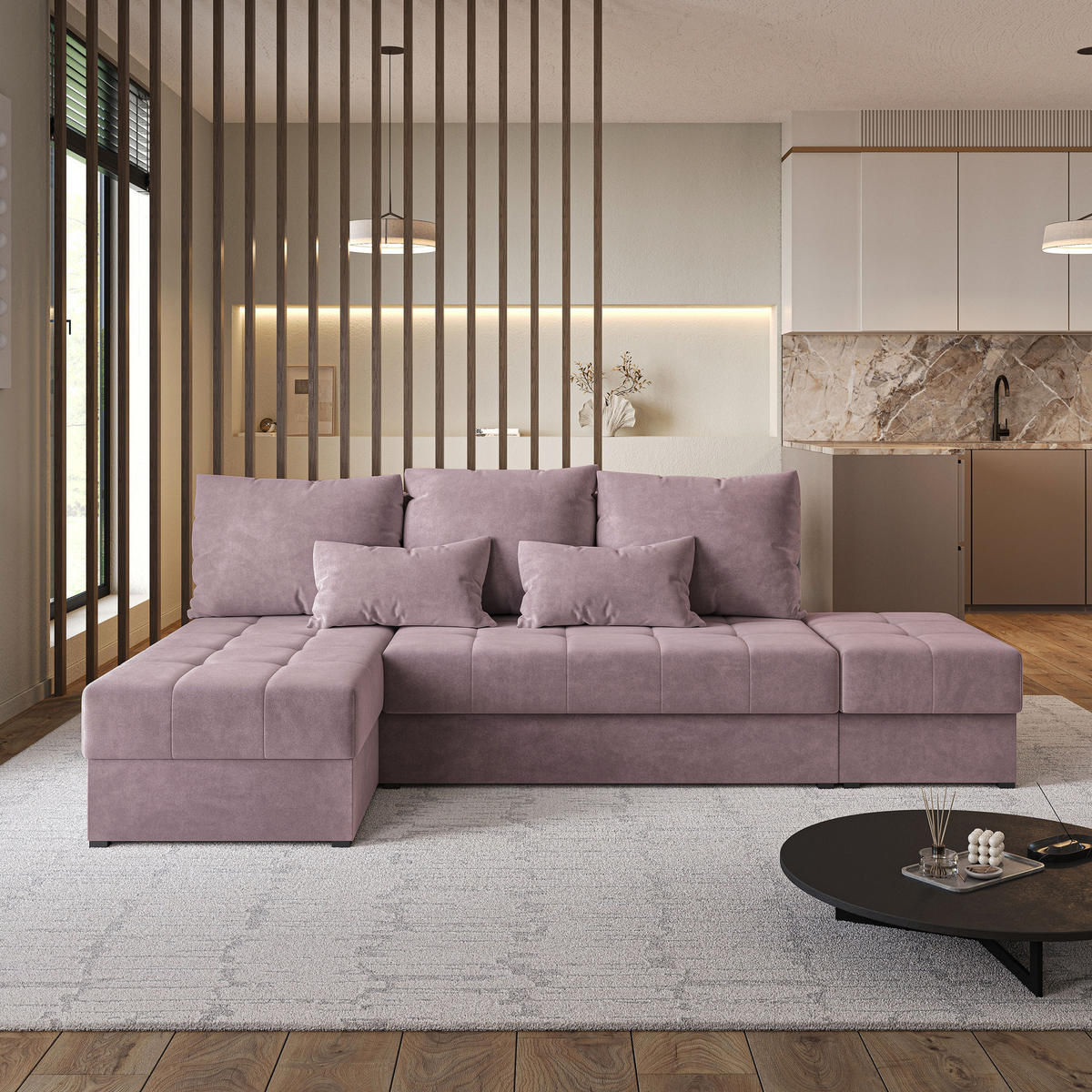 ECKSOFA NORVI Rosa Plüsch-Stoff mit Schlaffunktion - Rosa, Holz (251/143cm) - MASSENO