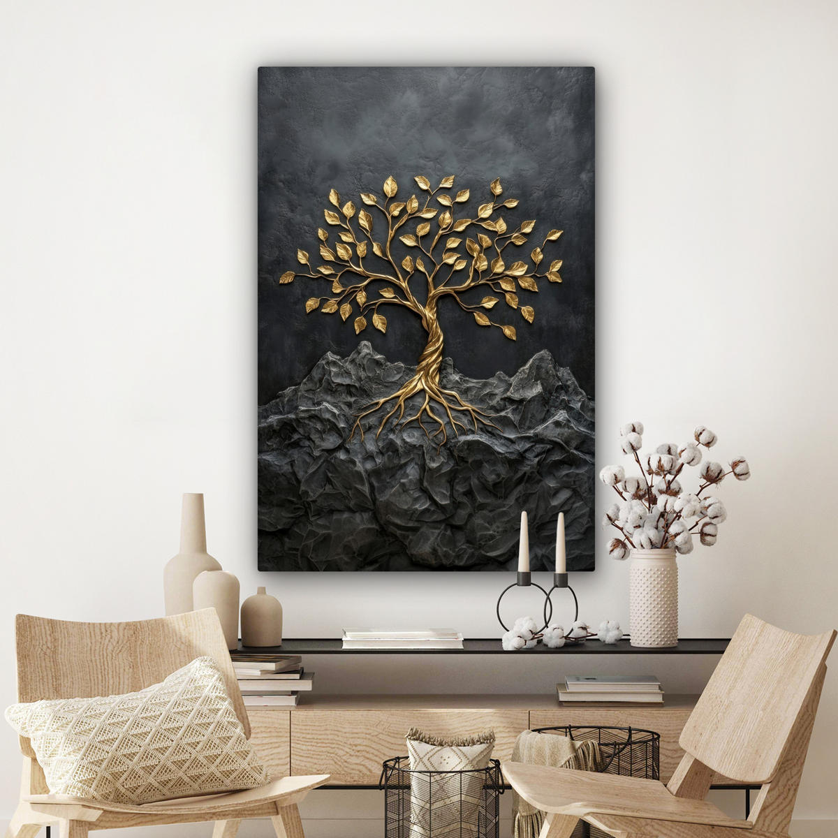 LEINWANDBILD Blätter - Gold - Baum - Fels Deko Groß 90x140 cm - Schwarz, Textil (90/140cm) - MuchoWow
