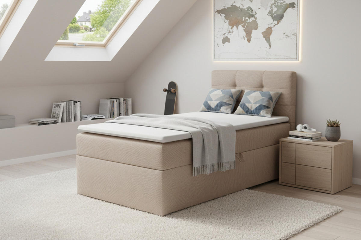 BOXBETT FLO 90/200 in Velours Beige rechts H3 - Beige, Holz/Holzwerkstoff (90/200cm) - Deine Möbel 24