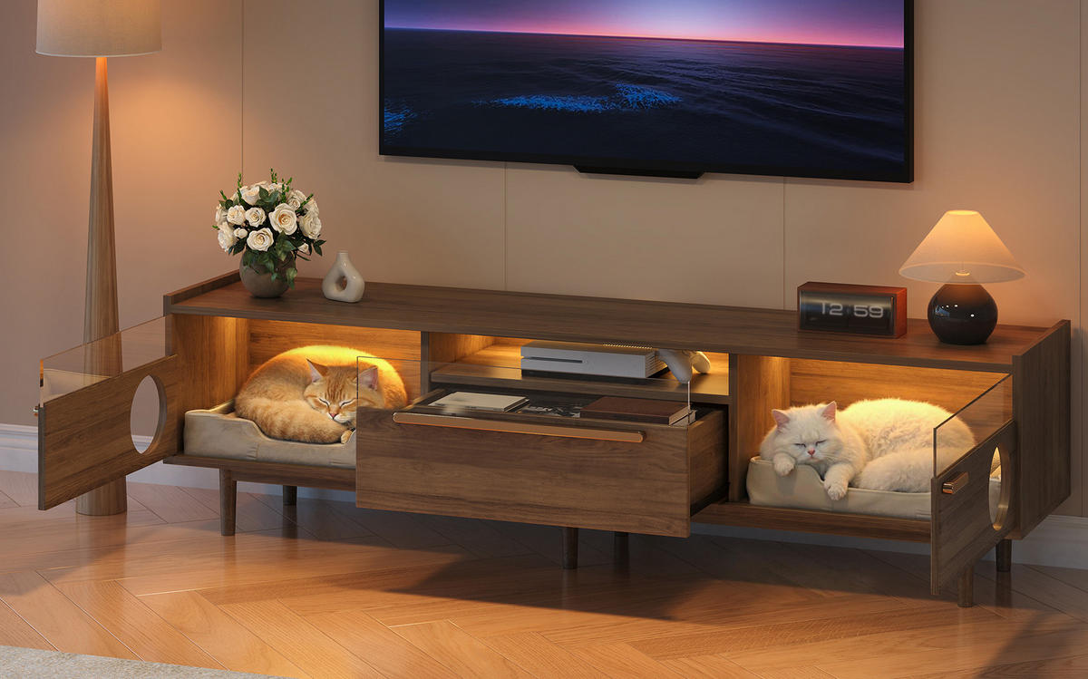 TV-SCHRANK aus MDF und Glas 180x40x50 cm Nussbaumfarben mit LED-Beleuchtung und katzenfreundlichen Türöffnungen - Walnussfarben, Holzwerkstoff (180/50/40cm) - Modfu