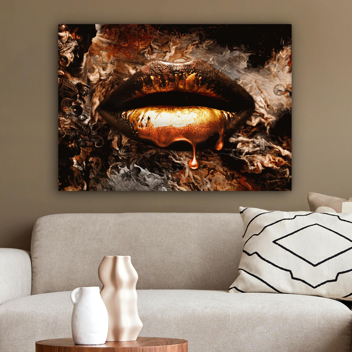 LEINWANDBILD Gold - Lippen - Kunst - Gold - Luxus - Abstrakt Wandbilder 80x60 cm - Bronzefarben, Textil (80/60cm) - MuchoWow