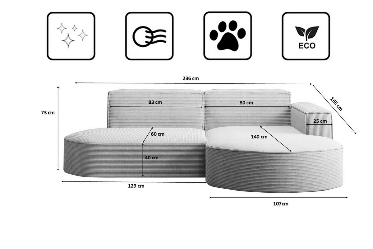 ECKSOFA Modena Studio, Cord Stoff Hellgrau Rechts - Hellgrau, Holzwerkstoff/Textil (236/165cm) - Kaiser Möbel