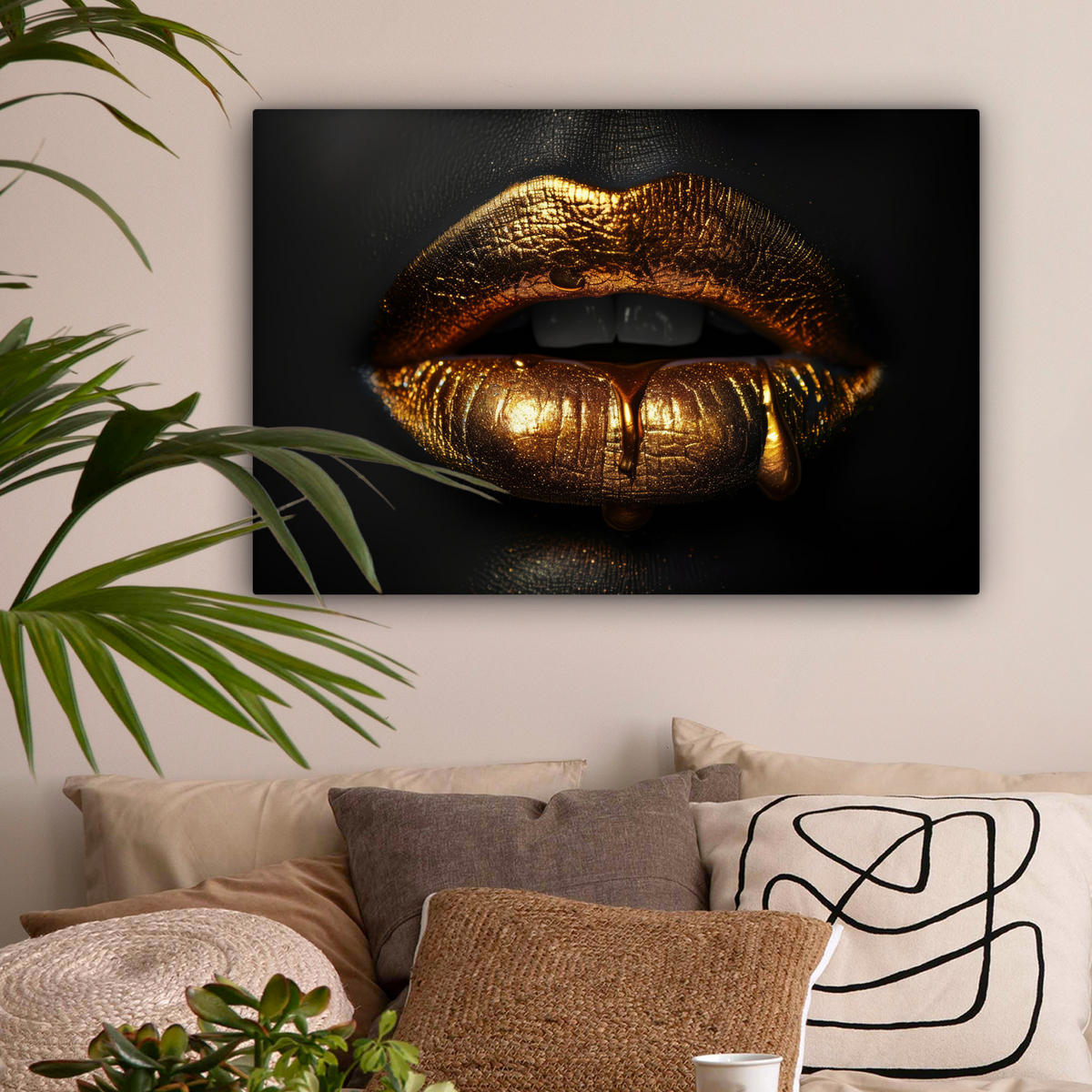 LEINWANDBILD Frau - Porträt - Lippen - Gold - Schwarz Gemälde 60x40 cm - Schwarz, Textil (60/40cm) - MuchoWow