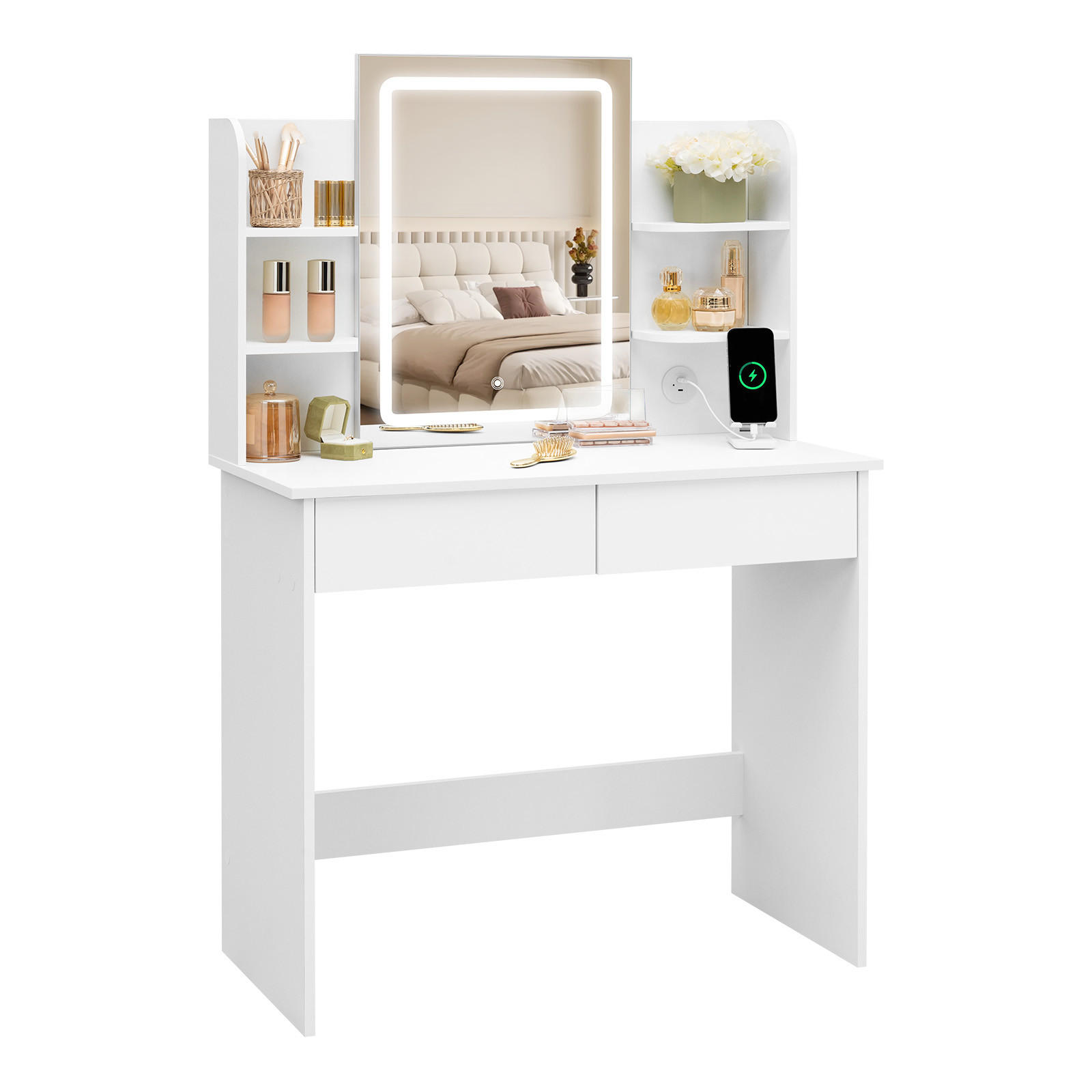 SCHMINKTISCH mit LED-Beleuchtung Spiegel Weiß - Weiß, Glas/Holzwerkstoff (90/135/40cm) - Woltu