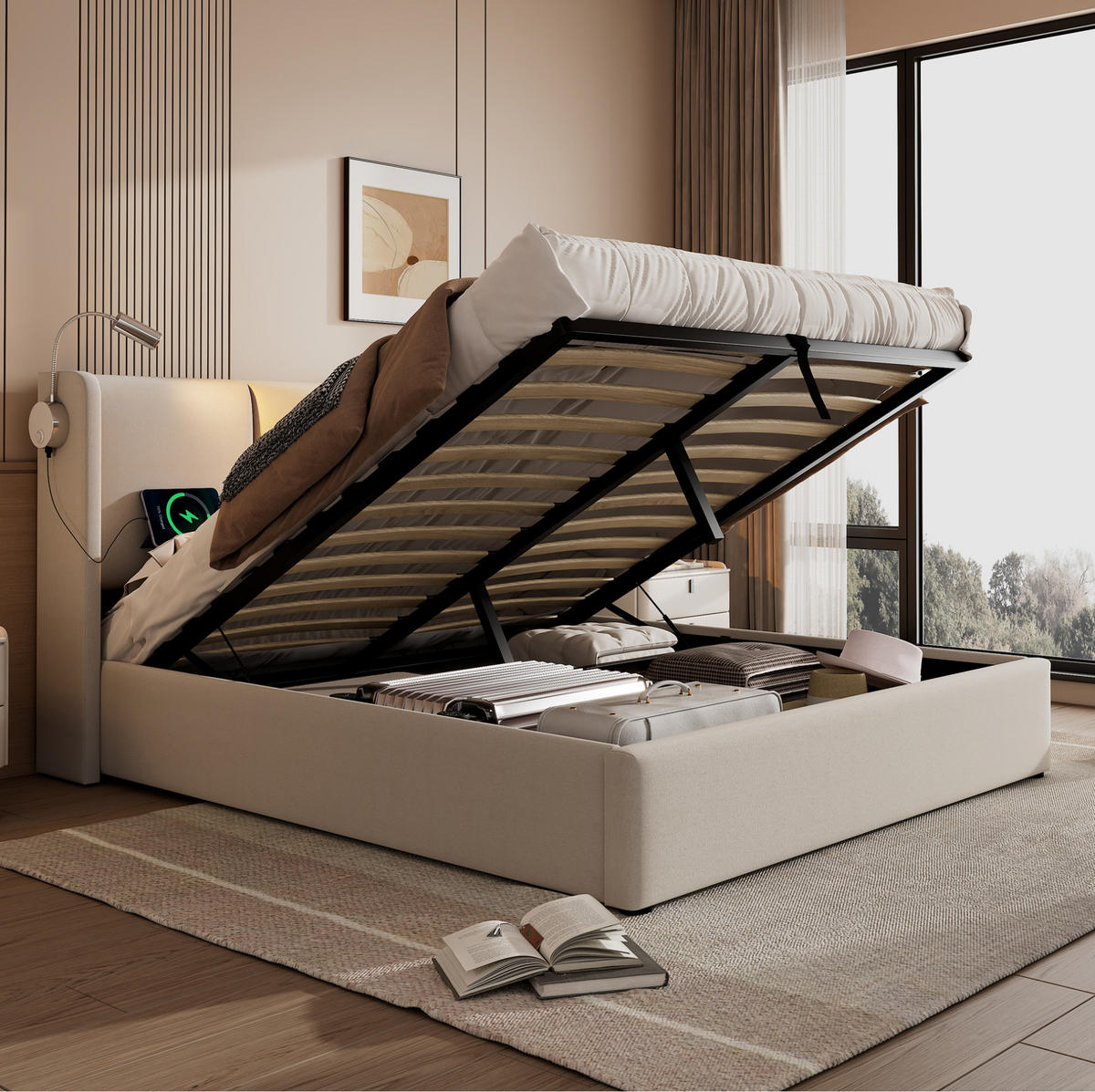 BETT mit Bettkasten 140x200 cm Leinen Beige mit Leselicht und USB - Beige, Metall (140/200cm) - Meubliv
