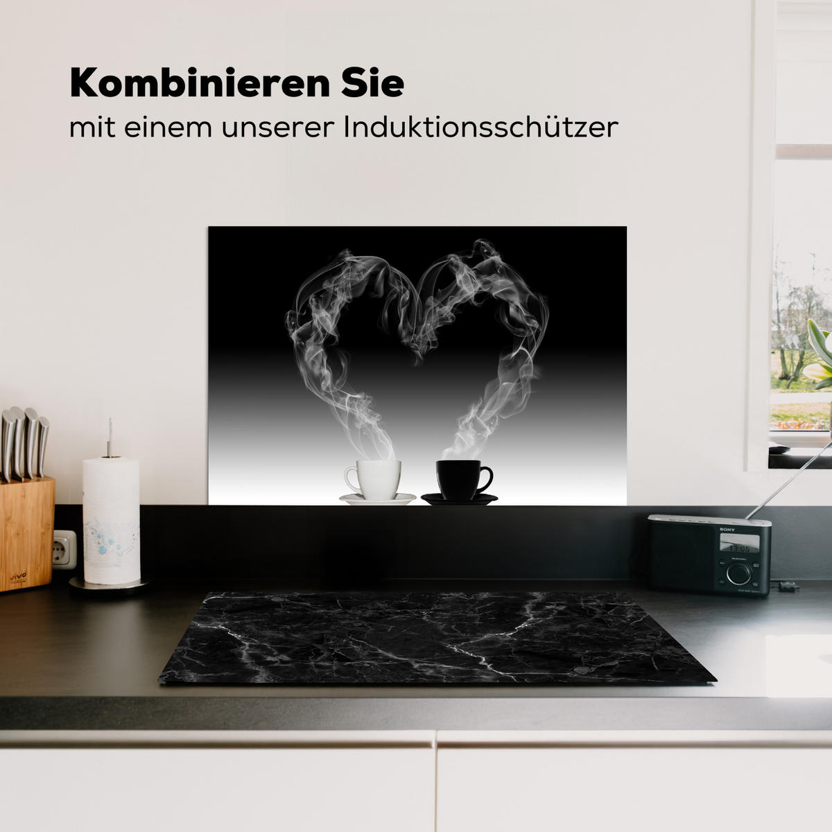 SPRITZSCHUTZ KÜCHE Kaffee - Herz - Schwarz und weiß - Tassen 70x50 cm - Weiß, Metall (70/0.3/50cm) - MuchoWow