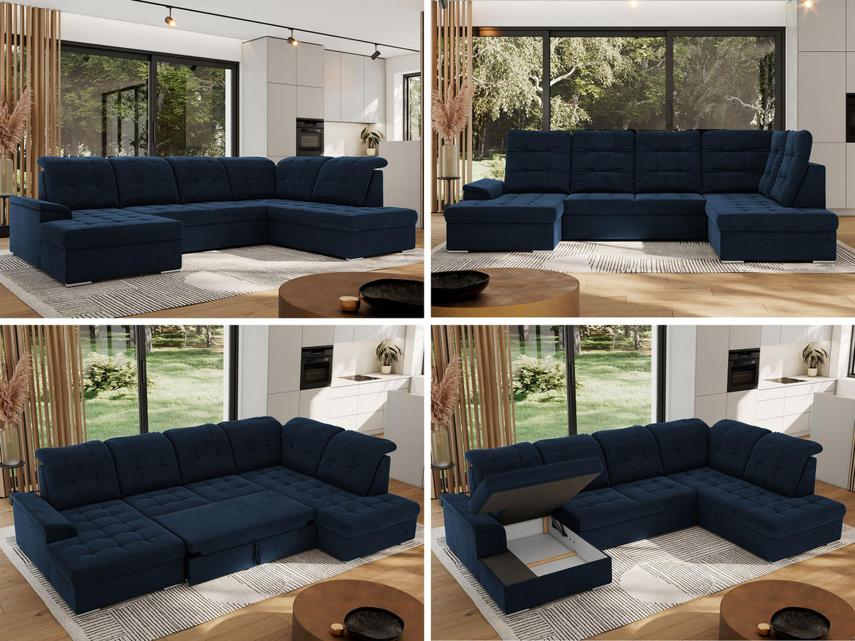 WOHNLANDSCHAFT MADRITO U - Dunkelblau Velorus - Rechts - Silberfarben/Dunkelblau, Textil/Metall (323/89/204cm) - MKS