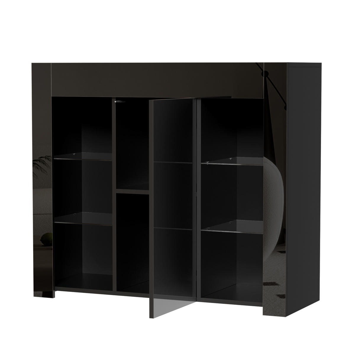 SIDEBOARD 95/35/83 cm in Schwarz mit Hochglanz-Front und Glasregalen - Schwarz, Holzwerkstoff (95/83/35cm) - Flora Grace