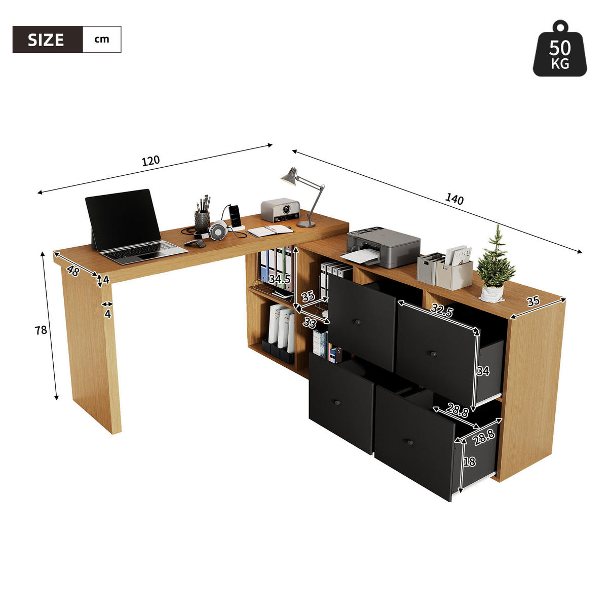ANRICHTE 120/48/78 cm in Schwarz/Eiche mit 360° Drehfunktion und 8 Fächern - Eichefarben, Holzwerkstoff (140/74/35cm) - Flora Grace