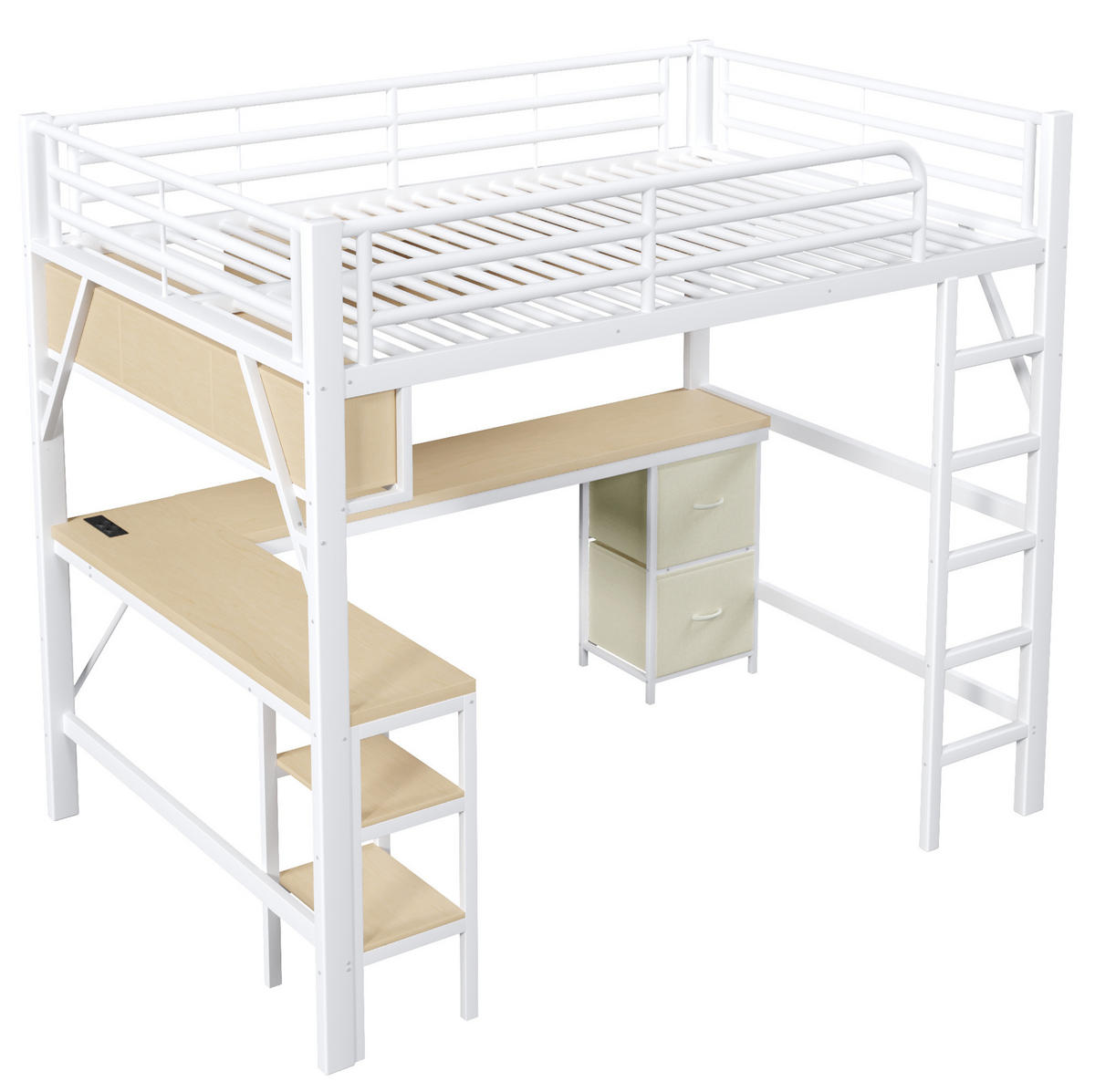 HOCHBETT aus Metall und MDF 140/200 cm mit Schreibtisch, Regal, Schrank, USB und LED-Beleuchtung, Weiß - Weiß, Holzwerkstoff (140/200cm) - Redom