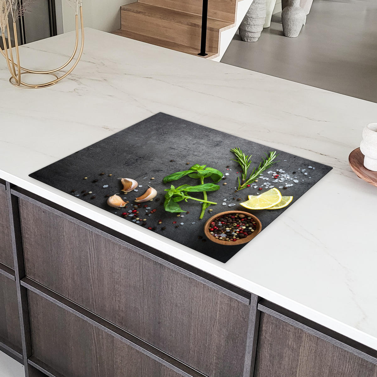 HERDABDECKPLATTE Limette - Kräuter - Gewürze - Grün - Grau - Beton 77x59 cm - Grün, Kunststoff (77/0.2/59cm) - MuchoWow