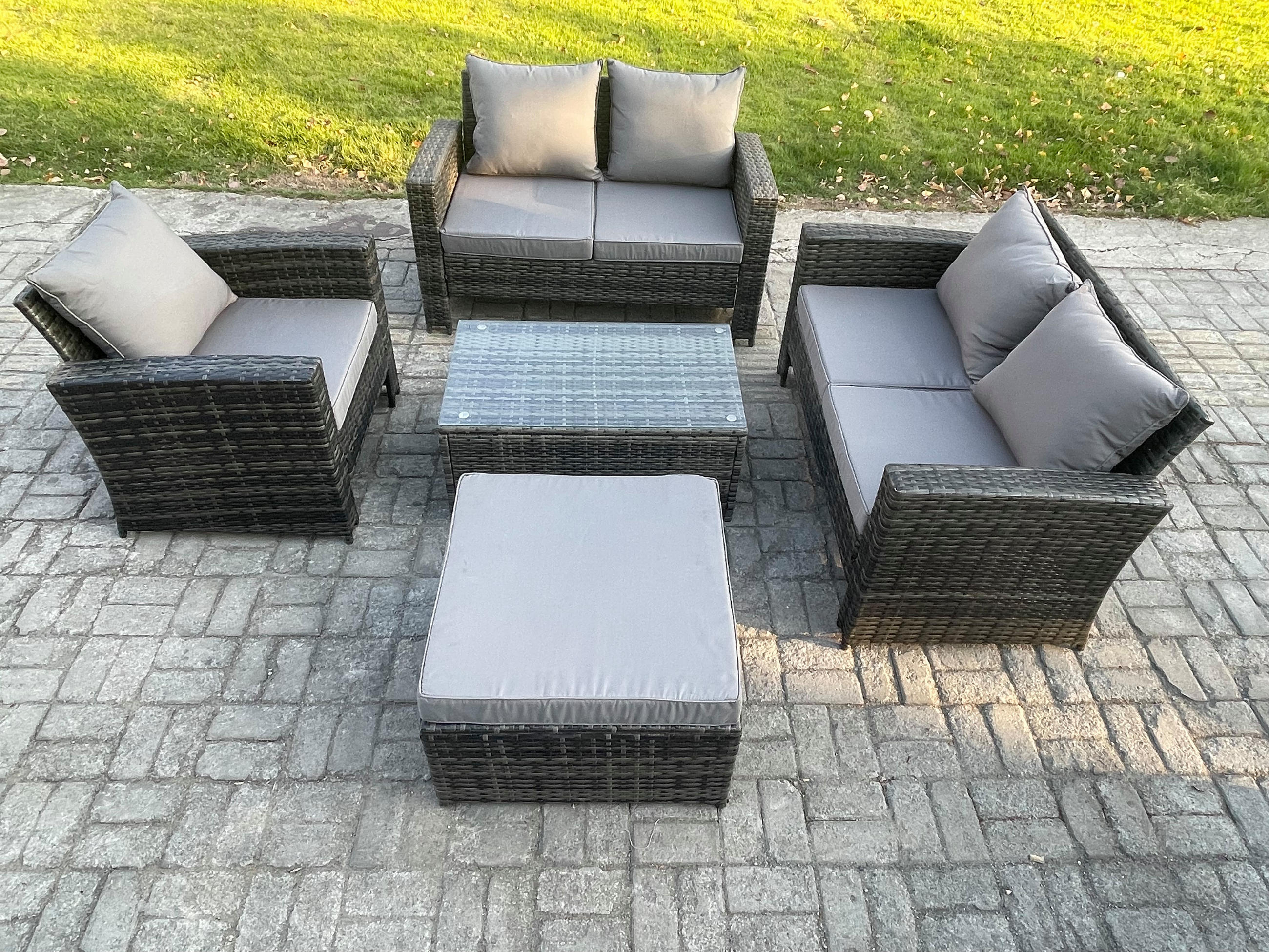 GARTENMÖBEL-SOFA SET COUCHTISCH DOPPELSITZ-SOFA STUHL HOCKER Polyrattan Dunkelgrau Gemischt 6-Sitzer - Dunkelgrau, Metall - Fimous