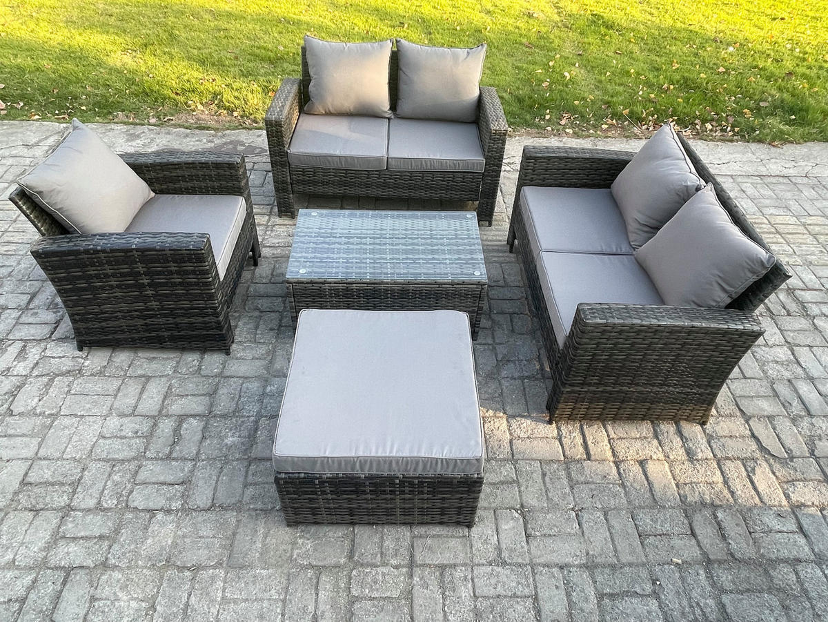 GARTENMÖBEL-SOFA SET COUCHTISCH DOPPELSITZ-SOFA STUHL HOCKER Polyrattan Dunkelgrau Gemischt 6-Sitzer - Dunkelgrau, Metall - Fimous