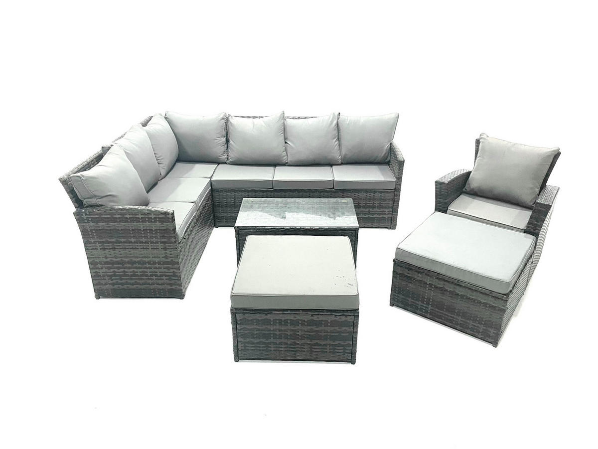 GARTENSET mit Couchtisch, Fußhocker Polyrattan Dunkelgrau 9-Sitzer - Dunkelgrau/Grau, Glas/Kunststoff - Fimous