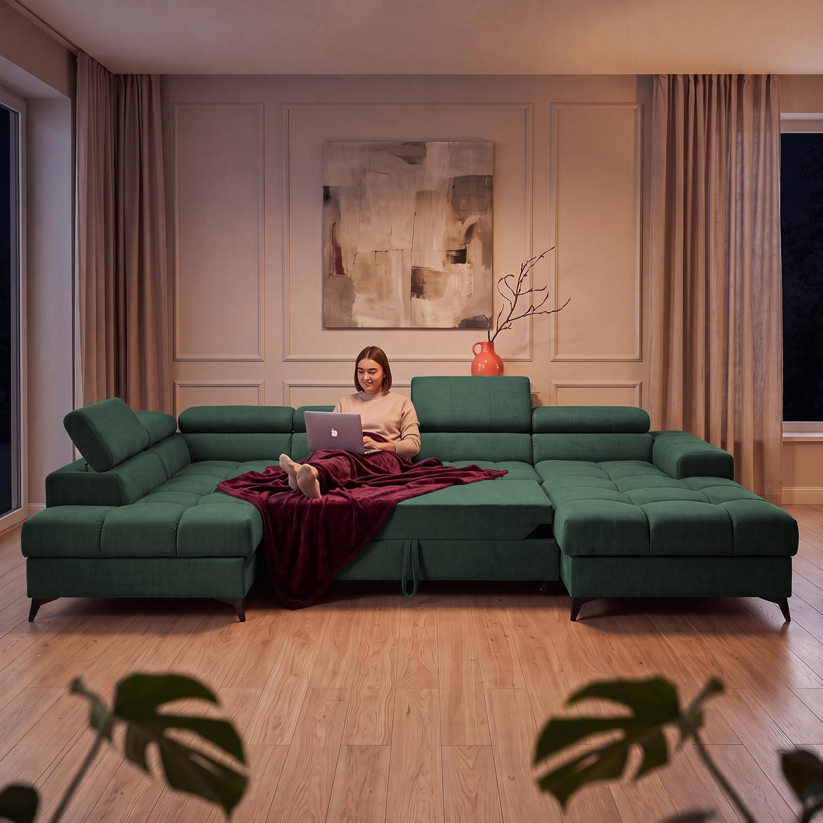 ECKSOFA PUDDING U Rechts mit Schlaffunktion 125x260 Velours Grün - Schwarz/Grün, Holz/Textil (350/203cm) - Muffo