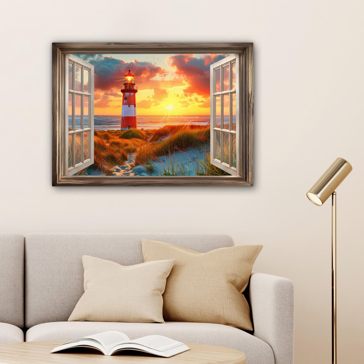 LEINWANDBILD Aussicht - Fenster - Leuchtturm - Sonnenuntergang - Strand Wandbilder 80x60 cm - Dunkelorange, Textil (80/60cm) - MuchoWow