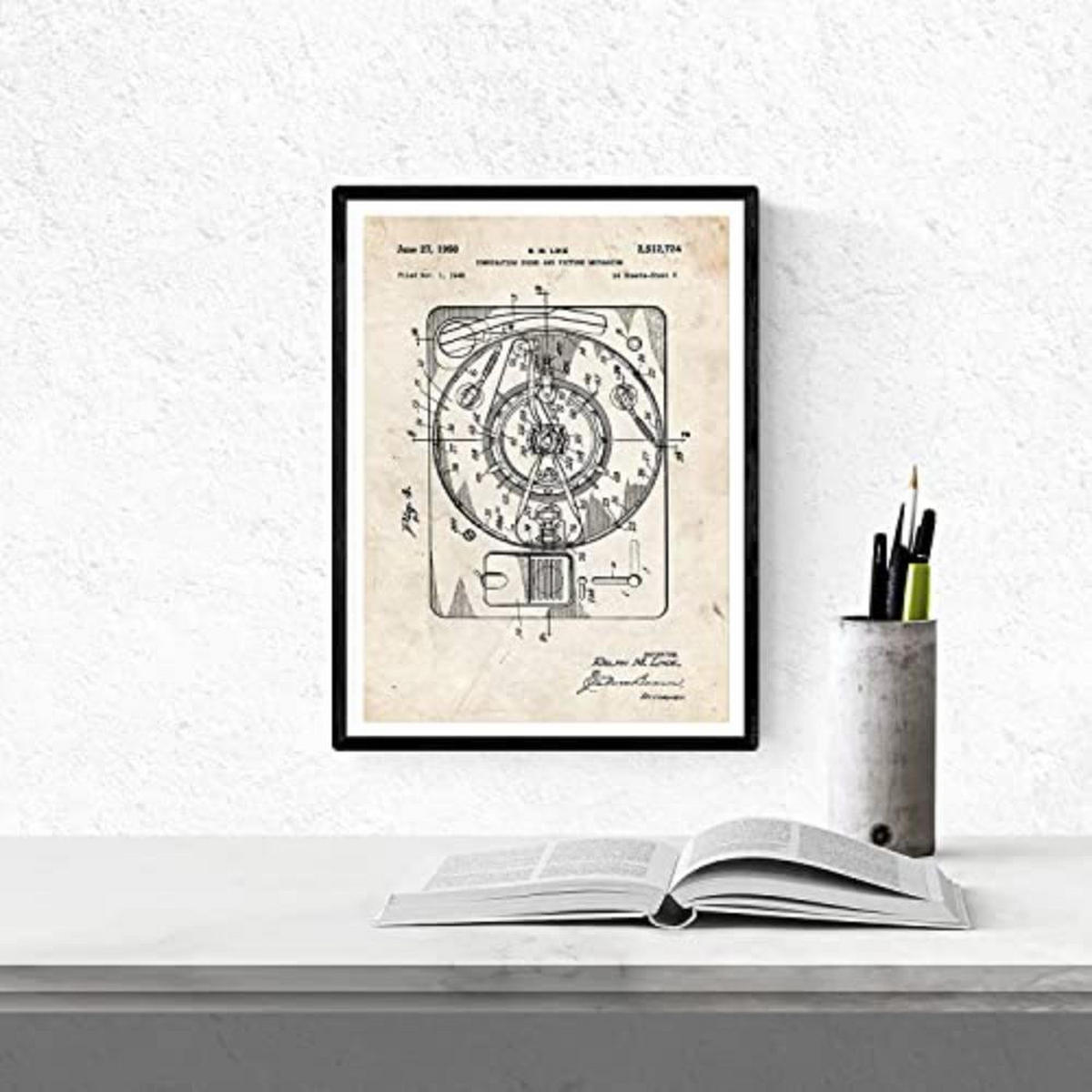 POSTER Set mit 4 Jahrgang Drehscheibe Patenten A4 Schwarzer Rahmen - Schwarz, Papier (29.7/3cm) - Nacnic