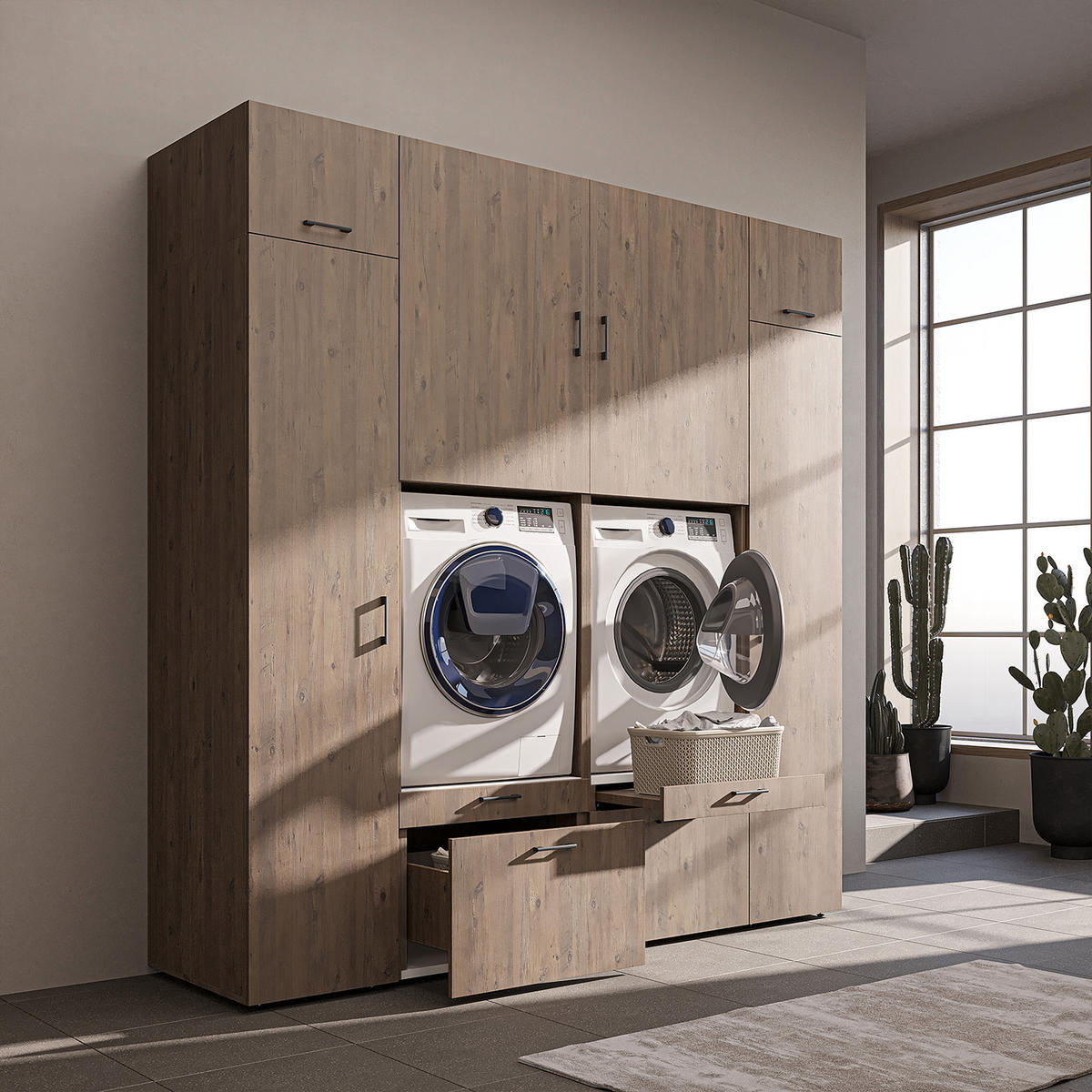 WASCHMASCHINENSCHRANK Serie 2 224cm Breit, 240cm Hoch - Eichefarben, Holzwerkstoff (224/240/67cm)