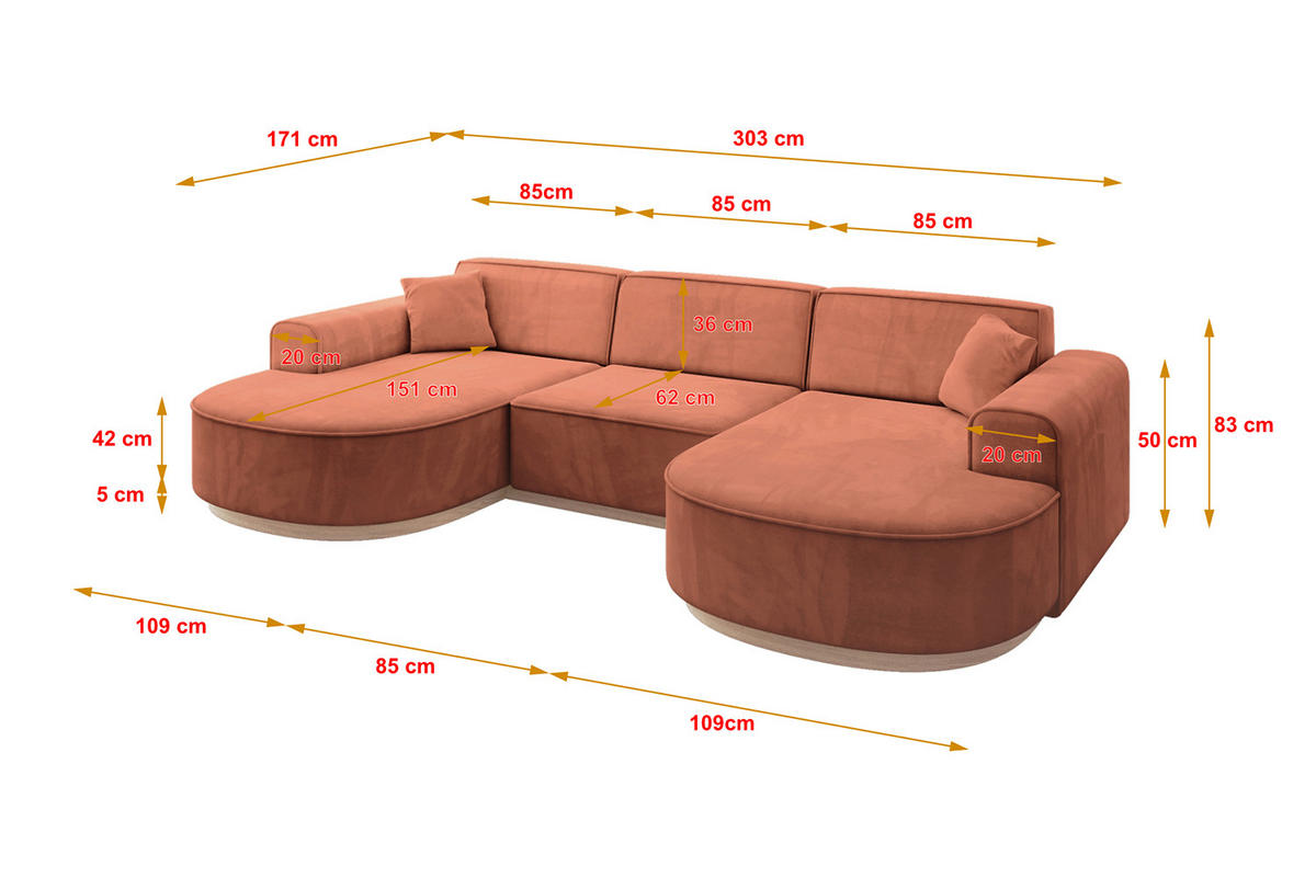 WOHNLANDSCHAFT MARI-U1-v1 - 303x171x83 cm Koralle Velours - Koralle, Holzwerkstoff/Textil (303/83/171cm) - ALTDECOR