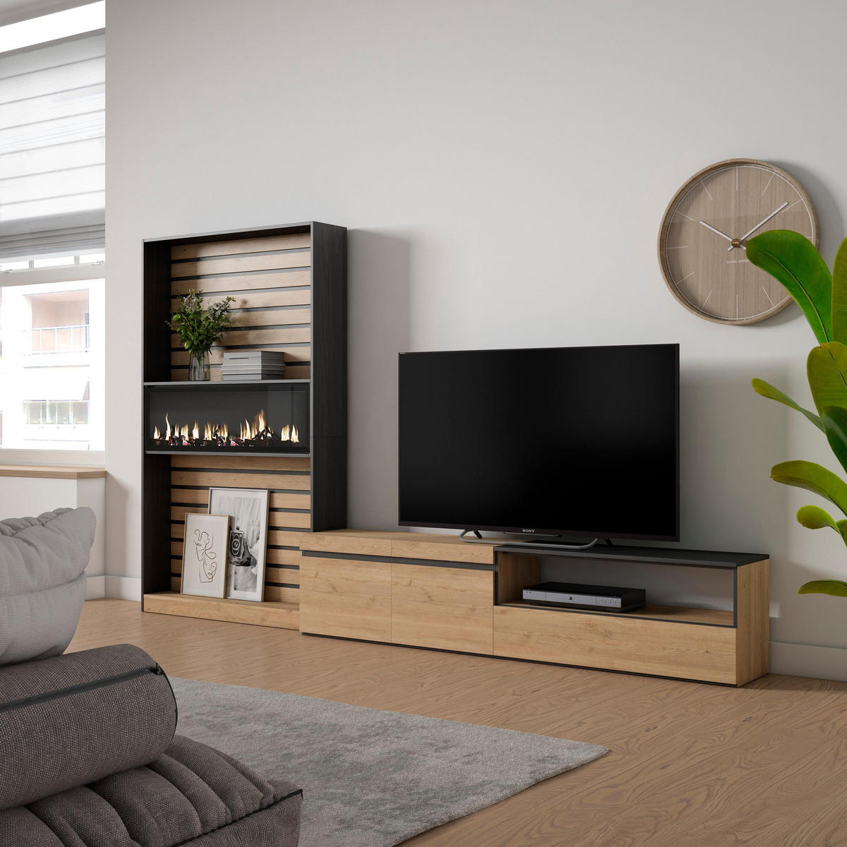 WOHNWAND Wohnzimmer, eiche, schwarz, Elektrokamin,, 310/35/186cm - Eichefarben/Schwarz, Holzwerkstoff (310/186/35cm) - Skraut Home