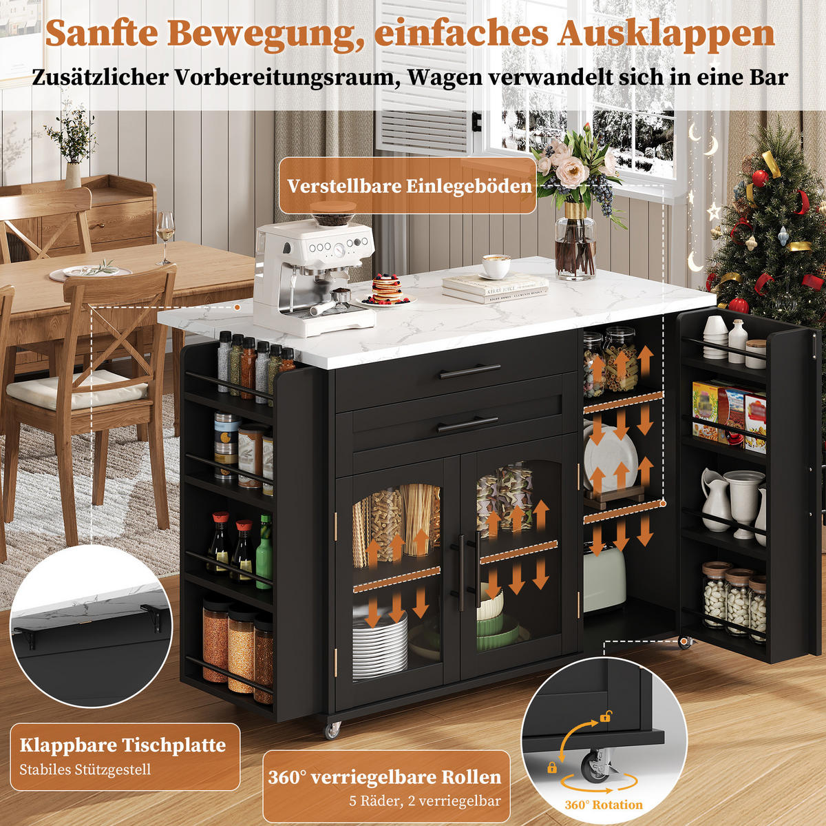 KÜCHENINSEL 120/90/45 cm Schwarz aus MDF mit klappbarer Tischplatte - Schwarz, Holzwerkstoff (70/90/138cm) - OKMYHOME