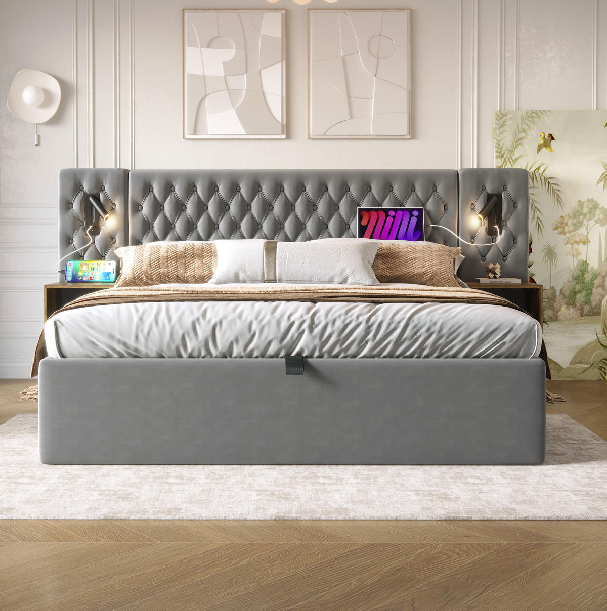 BETT mit Stauraum 180x200 cm Samt Grau inkl. 2 Nachttischen - Grau, Metall (180/200cm) - Meubliv