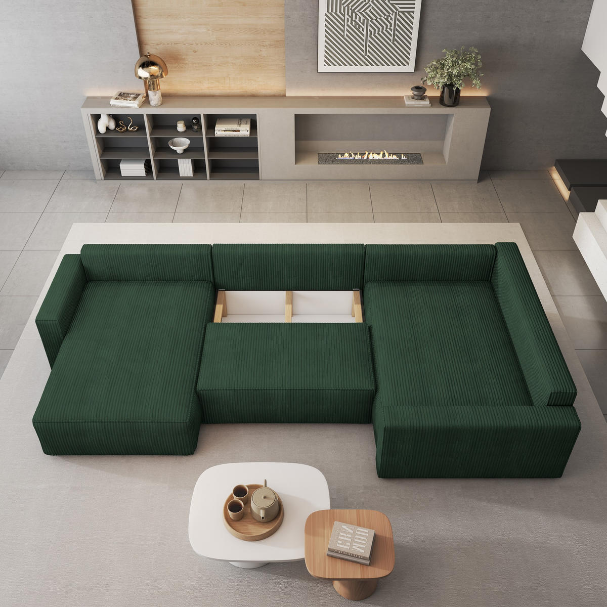 WOHNLANDSCHAFT VELAMI R-S Grün Kordstoff mit Schlaffunktion - Grün, Holz (365/83/194cm) - MASSENO