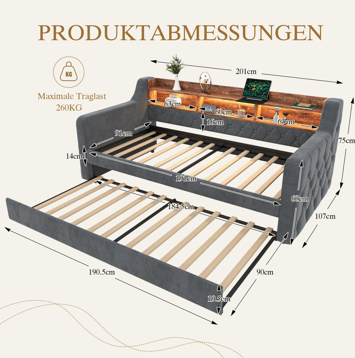 POLSTERBETT 90/190 cm dunkelgrau aus Samt mit Ausziehbett, LED und USB-C - Dunkelgrau, Holzwerkstoff (90/190cm) - OKWISH