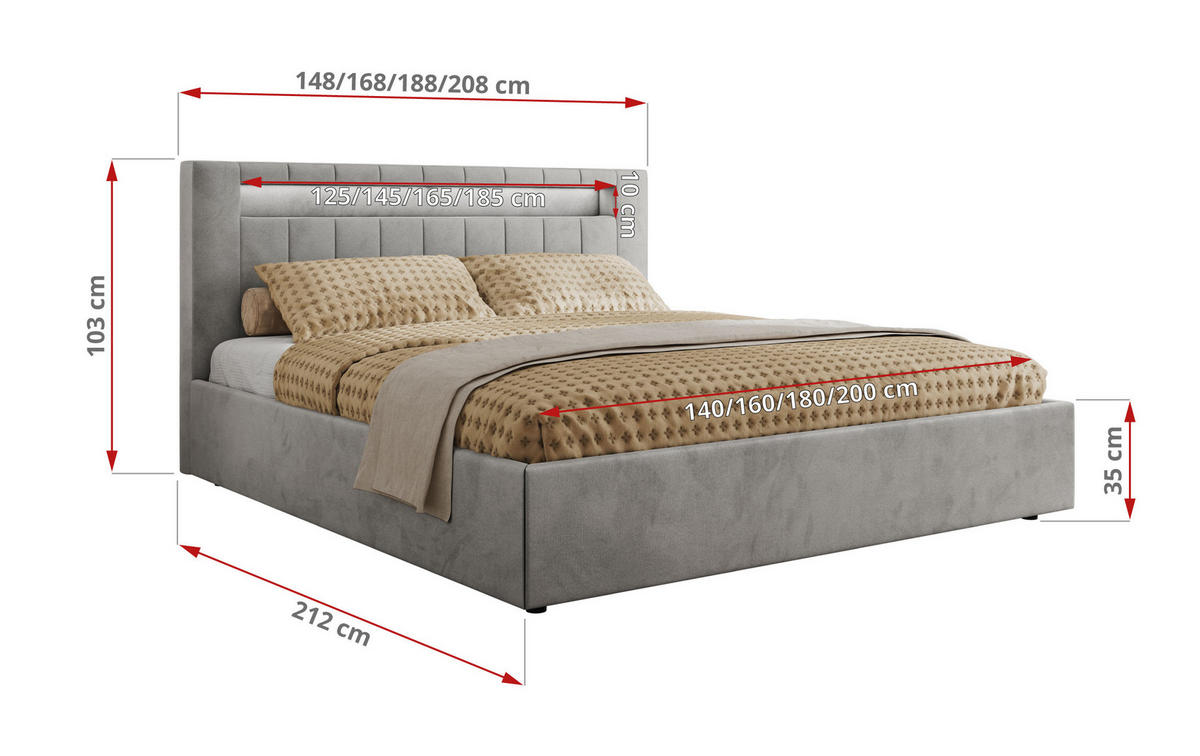 POLSTERBETT GOLD 5 CLASSIC 200/200 - Hellgrau Velvet - Pocket-Matratze - Hellgrau, Textil (200/200cm) - MKS