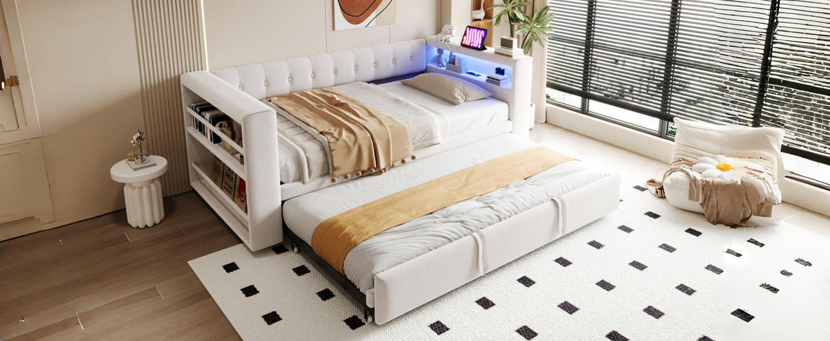 POLSTERBETT 90/180/190 cm Beige aus Flannelette mit LED-Beleuchtung und Steckdosen - Beige, Textil (90/200cm) - OKMYHOME