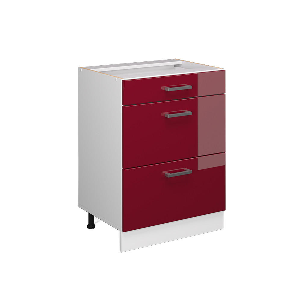 KÜCHENUNTERSCHRANK R-Line Bordeaux Hochglanz 60 cm mit Schubladen ohne AP - Bordeaux/Weiß, Holzwerkstoff (60/81.6/46cm) - Vicco