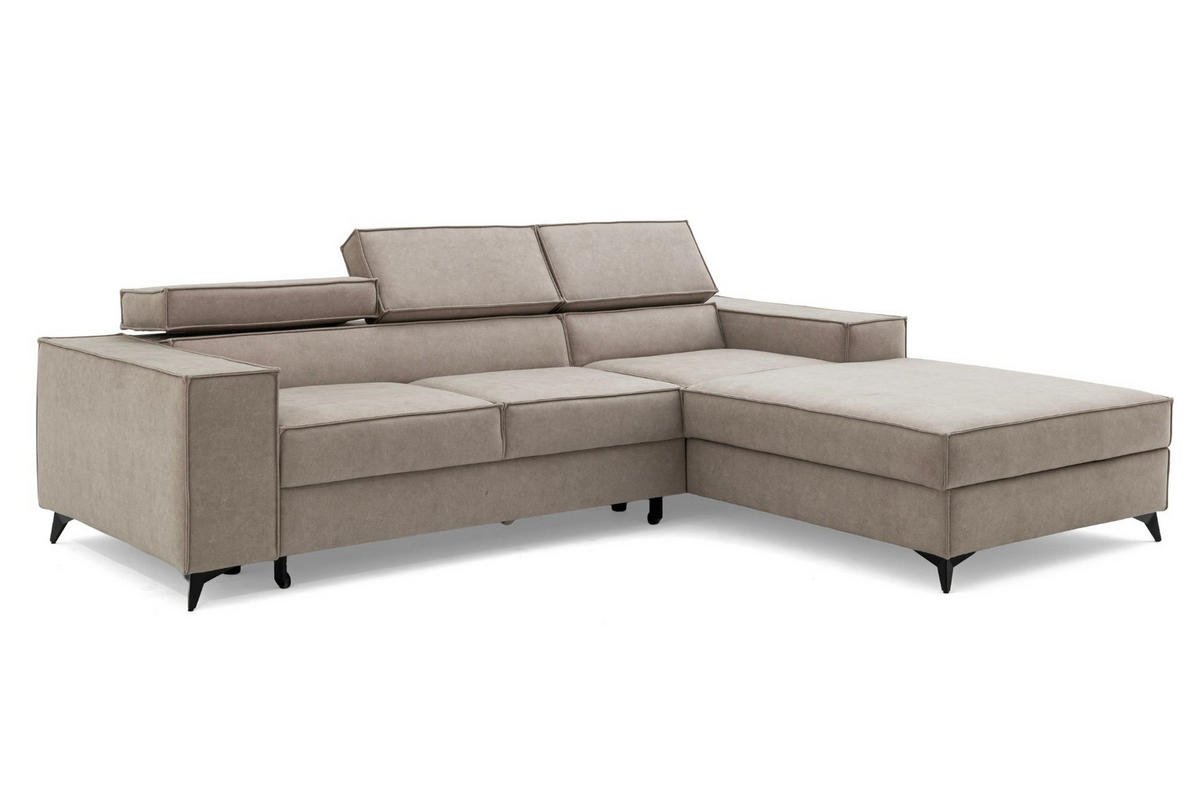 ECKSOFA PURE S Rechts mit Schlaffunktion 127x215 Velours Creme - Creme/Schwarz, Holz/Textil (204/281cm) - Muffo