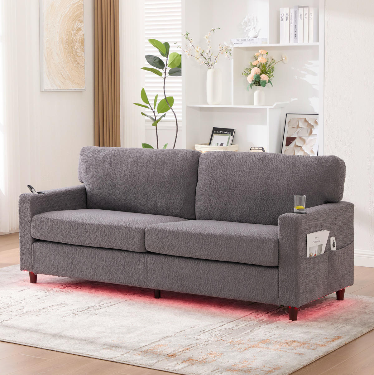 ZWEISITZER Sofa Chenille mit USB-Anschluss LED-Licht und Getränkehaltern 203/77,5/86 cm Hellgrau - Hellgrau, Textil (77.5/86/203cm) - Redom