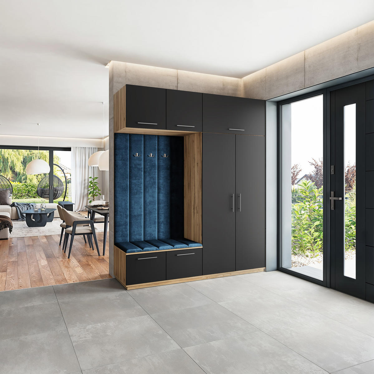 GARDEROBENSCHRANK REMA 200/240/60 cm Modern Garderobe-Set Eiche Wotan - Blau/Eiche Wotan, Holzwerkstoff (200/240/60cm) - MASSENO