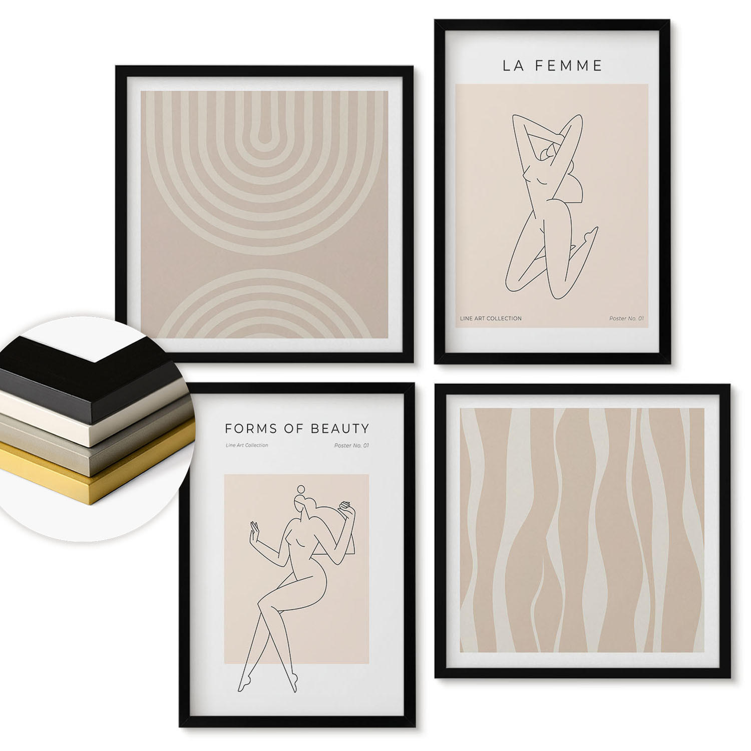 WANDBILDER 4er-Set - 50x50 cm & 40x60 cm Schwarzer Rahmen - Eine Sammlung minimalistischer Formen - Schwarz, Kunststoff (50/50cm) - ArtPrintCave