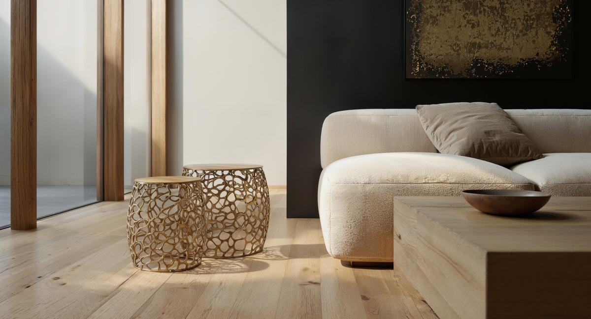 SATZTISCH Set – 2-teilig Aluminium Gold handgefertigt Aststruktur - Goldfarben, Metall (46/46/42cm) - KADIMA DESIGN