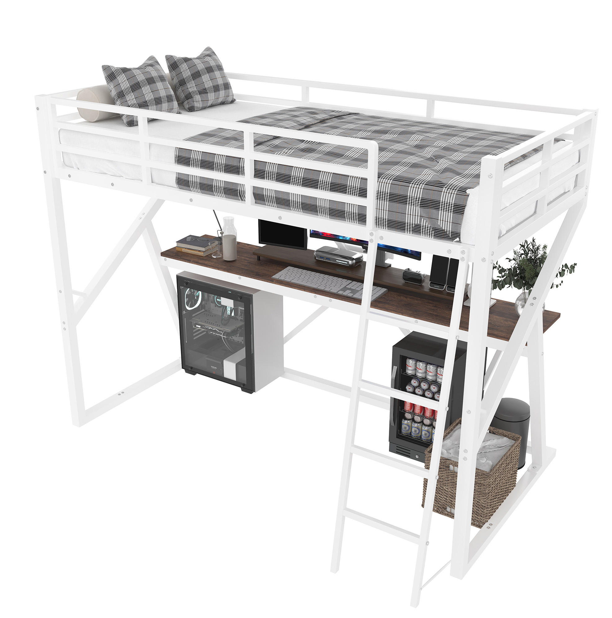 Redom VYSOKÁ postel 90/200 cm s LED osvětlením, psacím stolem, zábradlím a schodištěm, bez matrace, Bílá