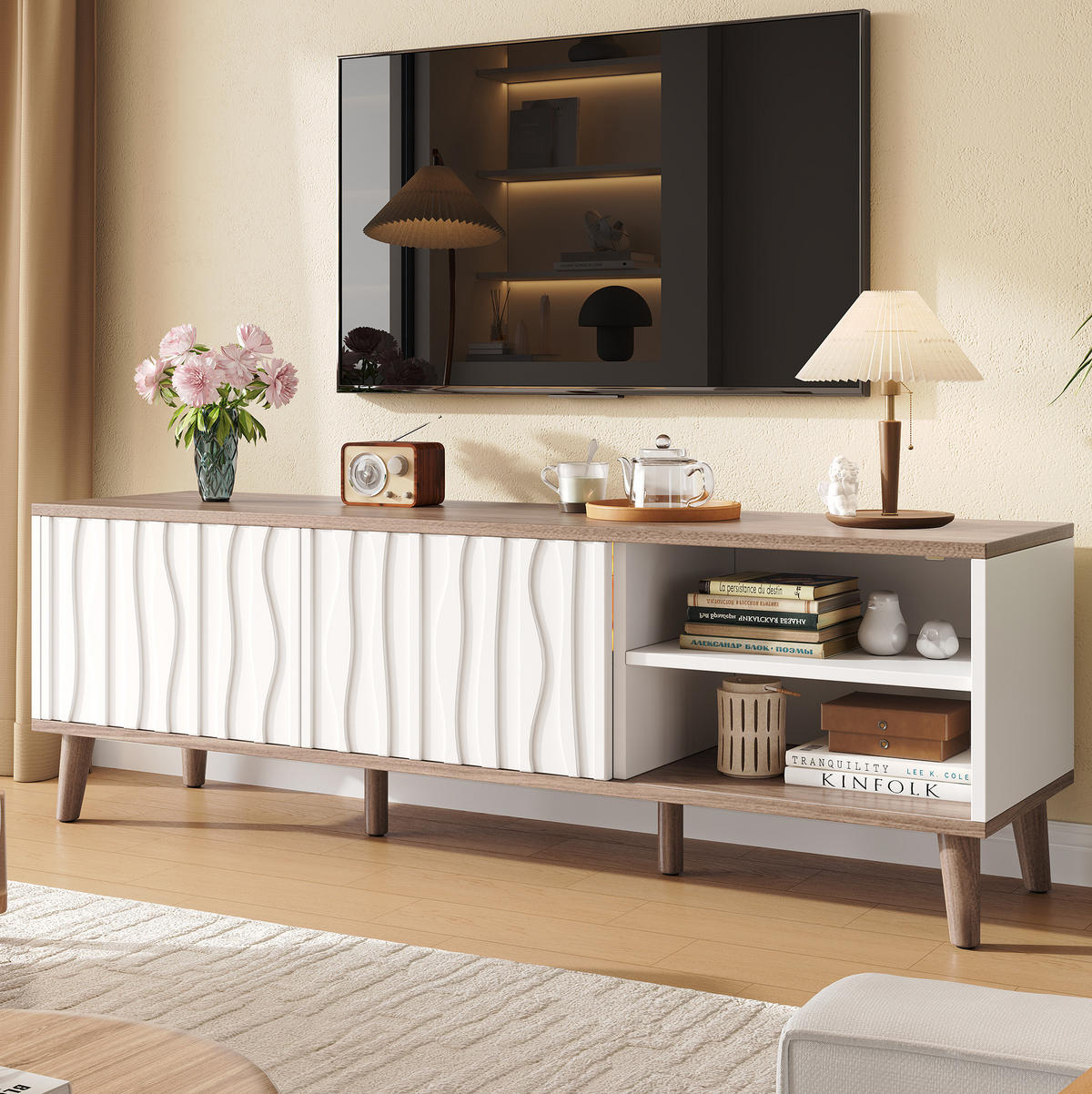 TV-ELEMENT mit LED-Beleuchtung 160 x 40 x 52 cm Weiß Deep Walnut - Weiß, Holzwerkstoff (40/52/160cm) - Beauniv