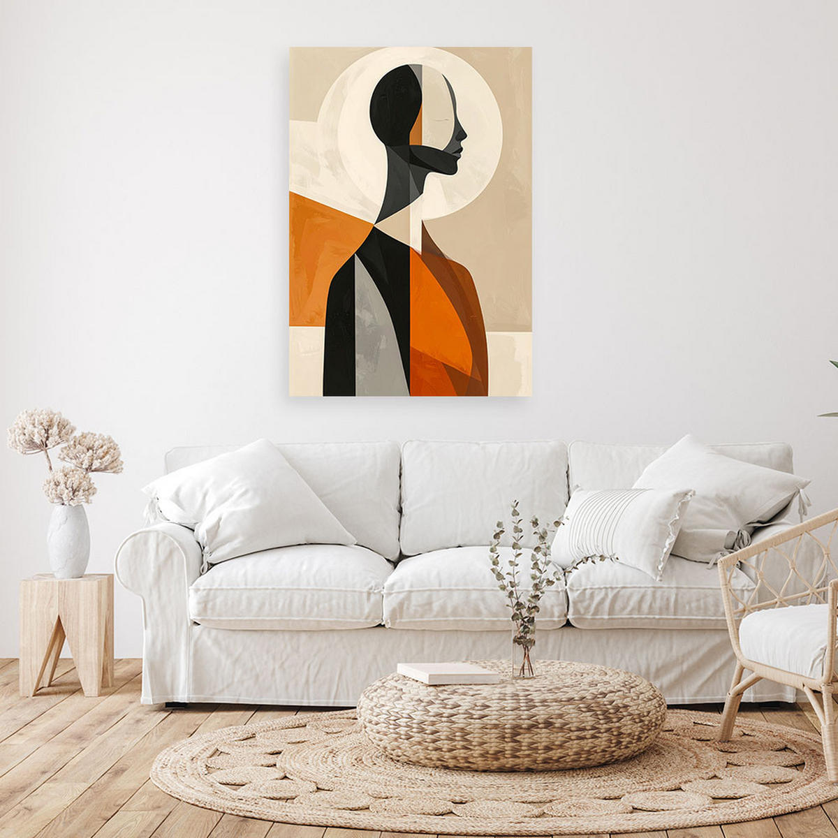 BILD auf Leinwand, Eine minimalistische Silhouette einer Frau in einer beigen und orangen Komposition. - Orange, Textil (60/90cm) - Feeby