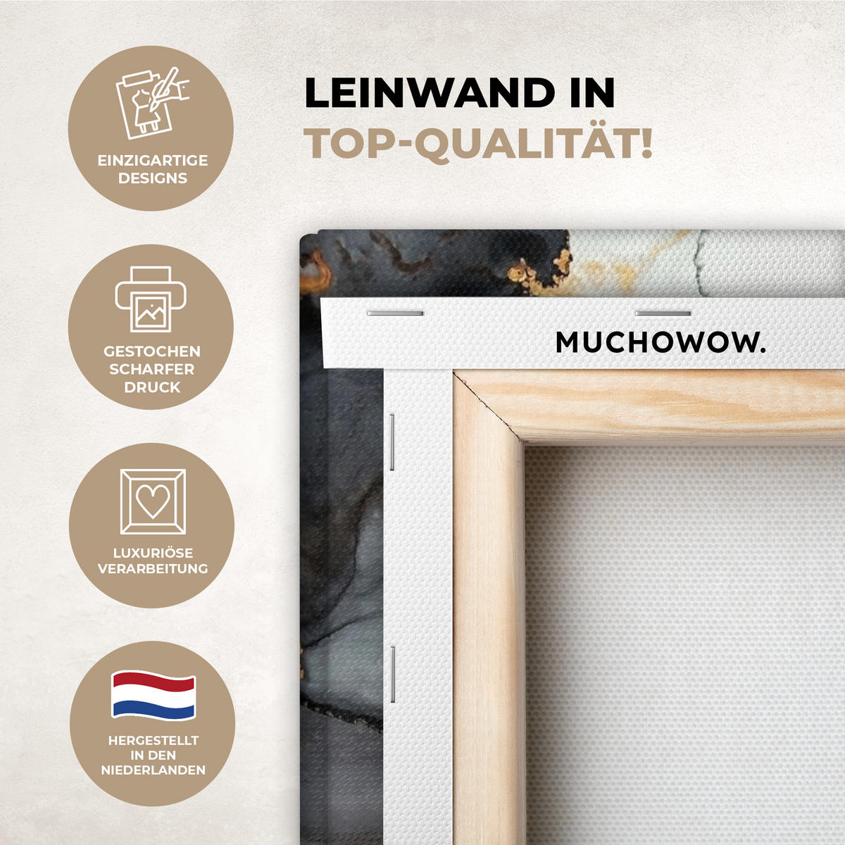 LEINWANDBILD Marmor - Schwarz - Weiß - Gold - Luxus - Abstrakt Wandbild Wohnzimmer 60x80 cm - Goldfarben, Textil (60/80cm) - MuchoWow