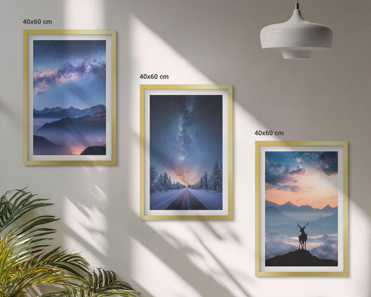 BILDER SET 3er Set - 40x60 cm Goldrahmen - Nachthimmel Berge Nebel Hirsch - Goldfarben, Kunststoff (40/60cm) - TULUP