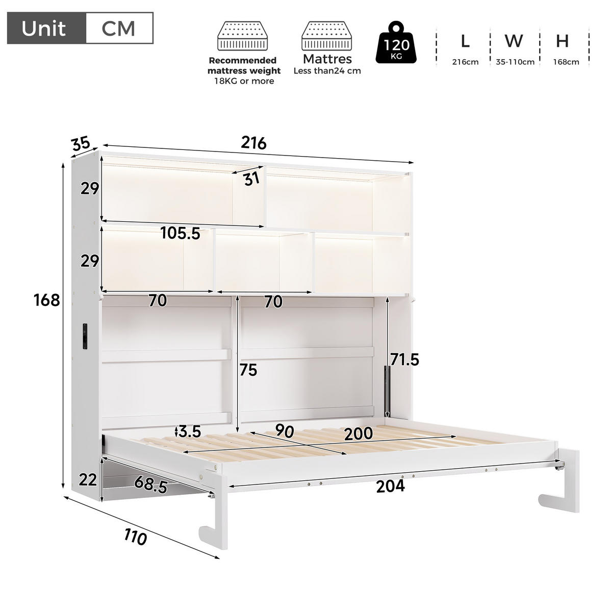 SCHRANKBETT 90/200 cm DE-32829 umwandelbar mit LED und USB Weiß - Weiß, Holzwerkstoff (90/200cm) - ComfortXL